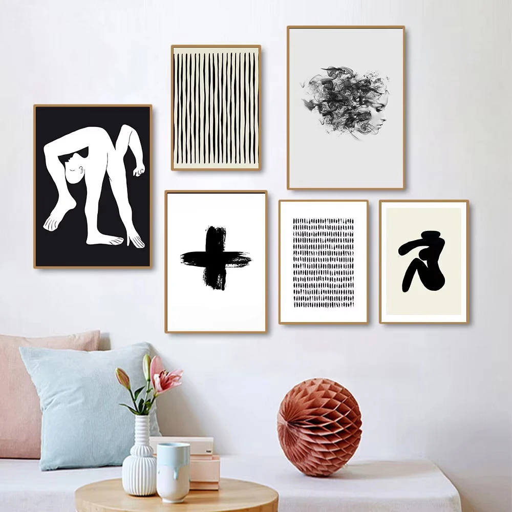 Abstract Human Body And Face Poster Black White Cross Canvas Line Drawing Painting Art Print Wall Picture Living Room Home Decor