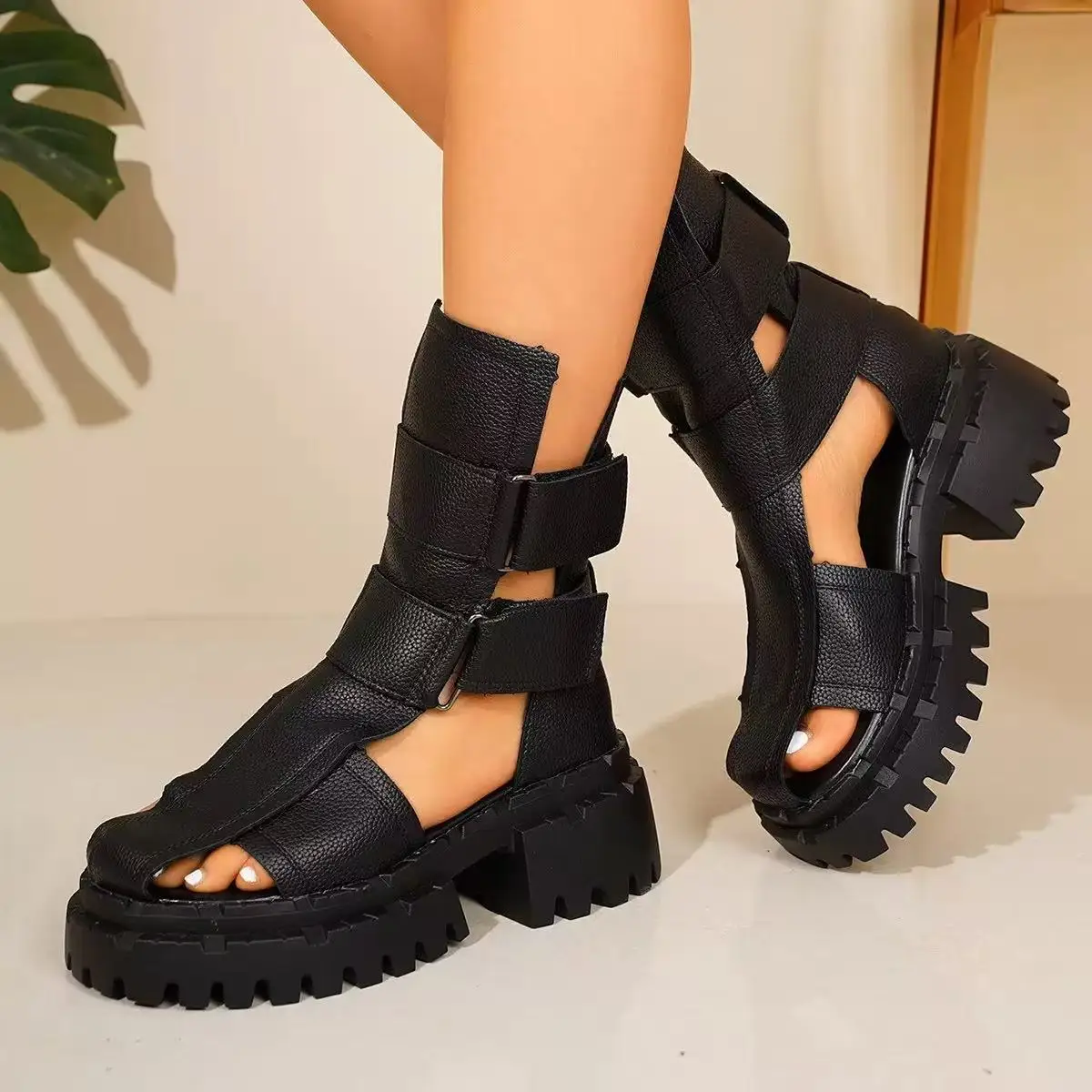 Comfortable Women’s Sandals Retro  Design Hook&loop High-top Summer Roman Sandals Boots Outdoors Lightweight Platform Shoes - view 3