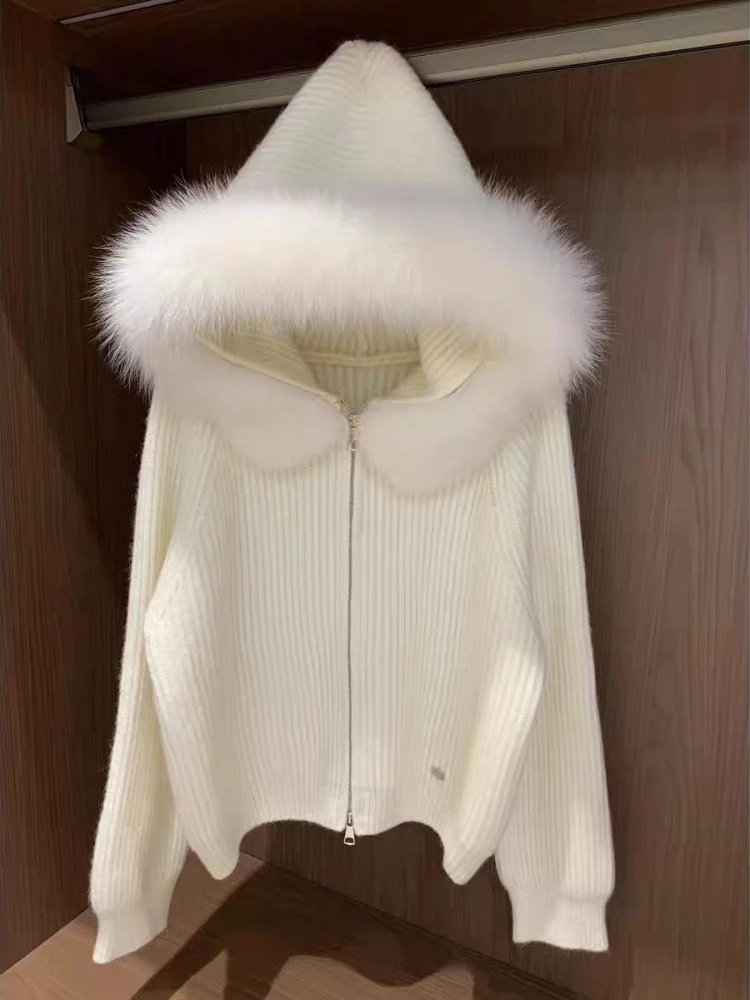 

Новое зимнее вязаное пальто с длинными рукавами, женское элегантное повседневное трикотажное пальто с капюшоном на молнии, женское теплое милое винтажное свободное пальто с меховым воротником