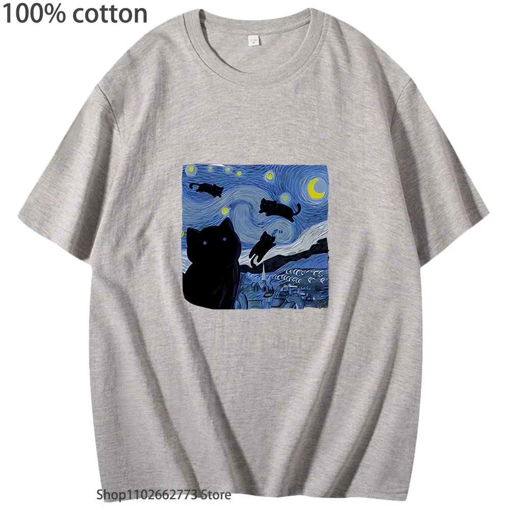 The Starry Cat Night Printing Tshirt for Men 100% Cotton Summer Tops Fashion Soft T-Shirts Women's Casual Y2k Tee Unisex Clothes