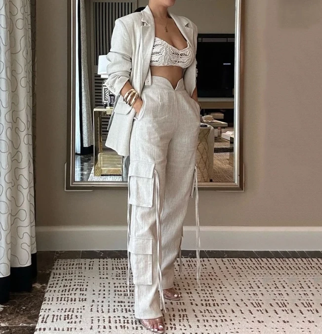 

Fashion Elegant Loose Monochrome Long Two Piece Set 2023 New Fashion Hot Selling Women's Suit Top and Work Pants