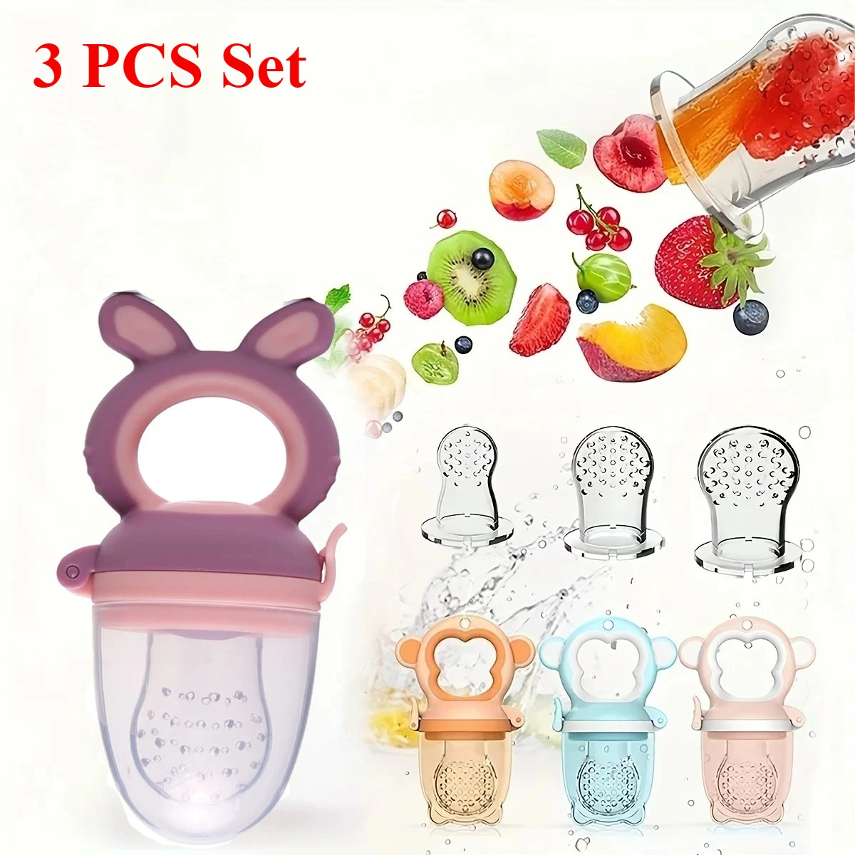 3pcs/set Rabbit-Shape Baby Fruit Feeder with Easy-Handle Ring & 3pcs Silicone Mesh Bags-Size S, M, L