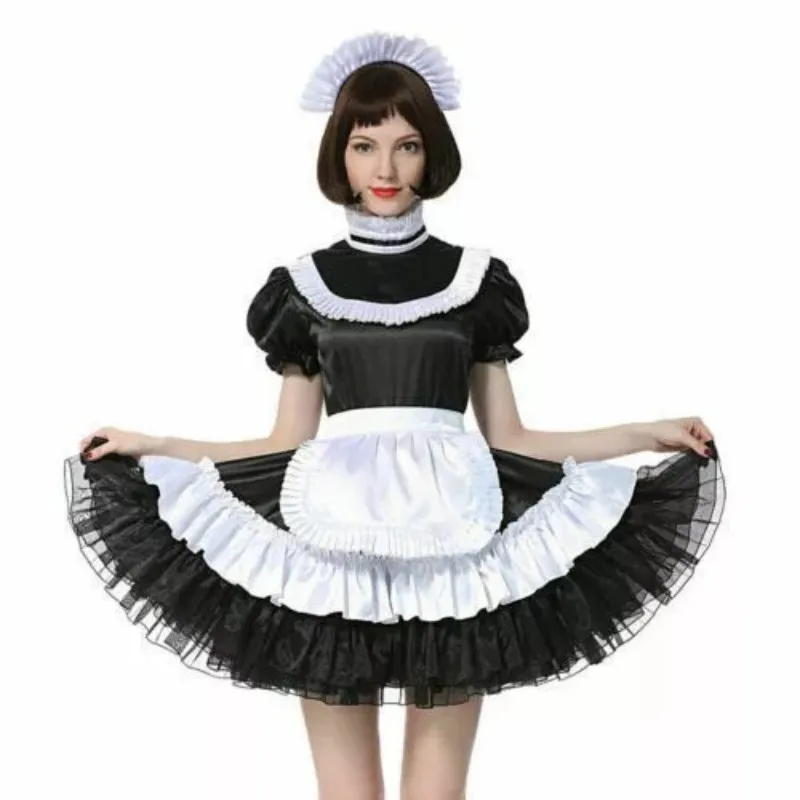 

Sissy Black Maid Lockable Cosplay High Neck Fluffy Satin Dress Customized Halloween