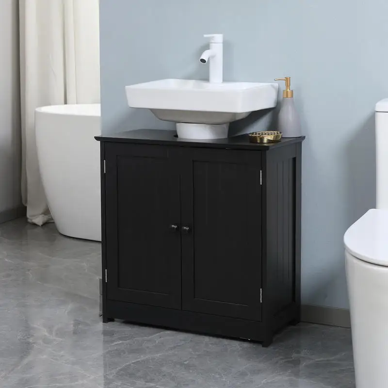 

Under Sink Bathroom Cabinet, Pedestal Sink Storage Cabinet with 2 Doors, Shelf and U-Shape, Black