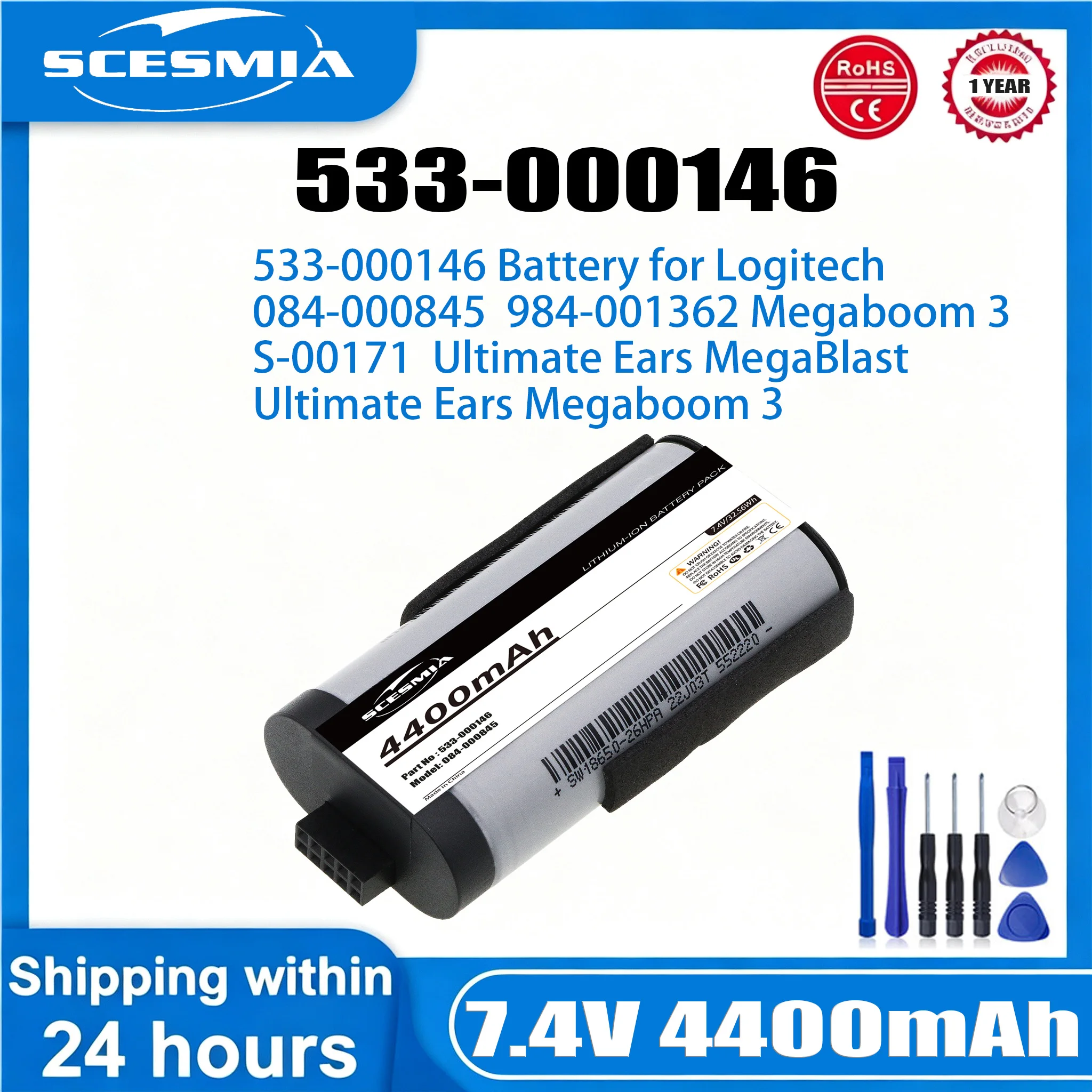 4400mAh 533-000146 Speaker for Logitech 533-000146 984-001362 084-000845 Ultimate Ears Megaboom MegaBlast 3 S-00171