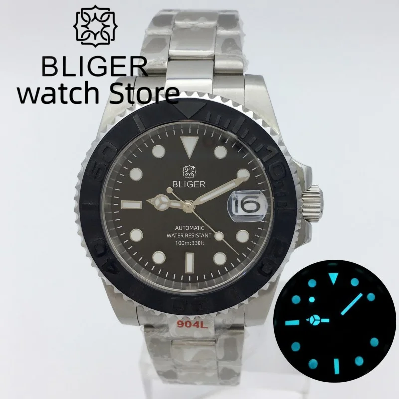 

BLIGER 40mm NH35 MIYOTA PT5000 Automatic Men's watch Black bezel Sapphire glass black dial middle polished strap waterproof 100M