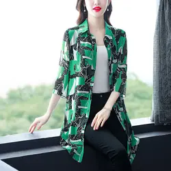 Women Summer Fashion Loose Fashionable Printing Chiffon Polo-Neck 3/4 Sleeve Shirts Women Clothes Casual All-match Elegant Tops