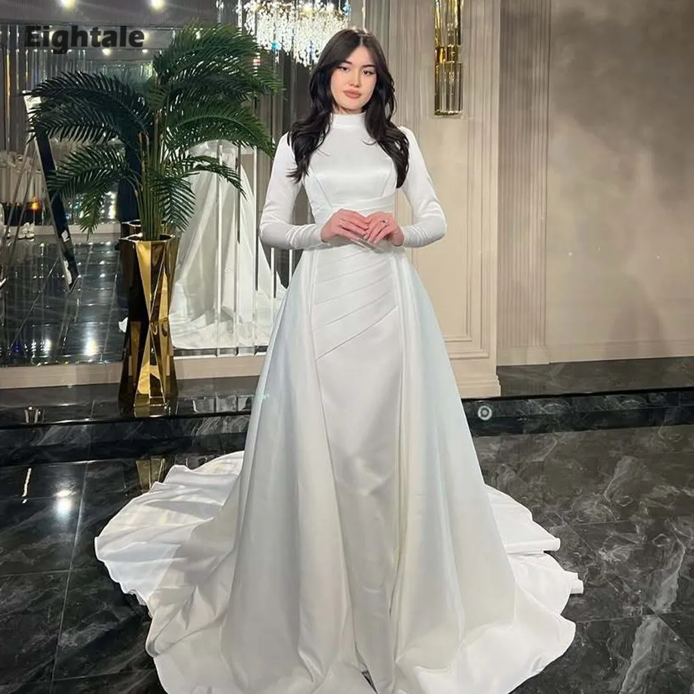 

Eightale Arabic Wedding Dress High Neck Customized White Ivory Mermaid Long Sleeves Muslim Satin Bridal Gown Robe De Mariée