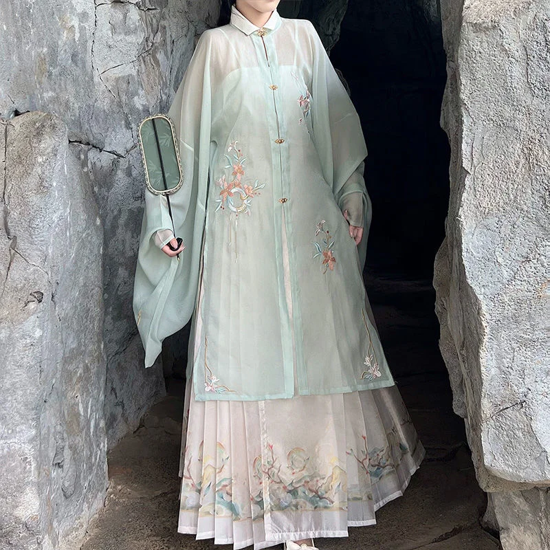 Hanfu Dress Ming Dynasty Standing Collar With Embroidered Flower Fine Glitter Hanfu Horse Face Spring Summer Dress