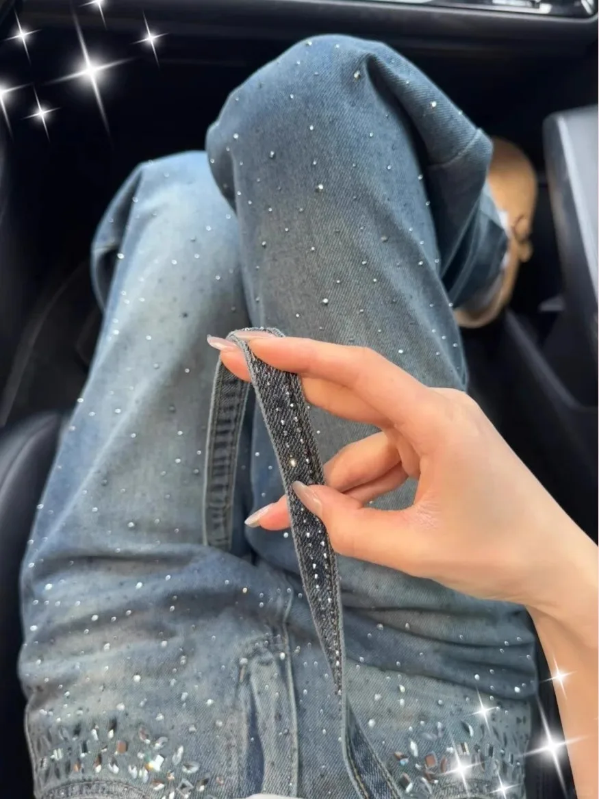 

Heavy Duty Rhinestone High Waist Wide Leg Denim Jeans Women's Loose Fit Straight Leg Pants American Style Spring Collection