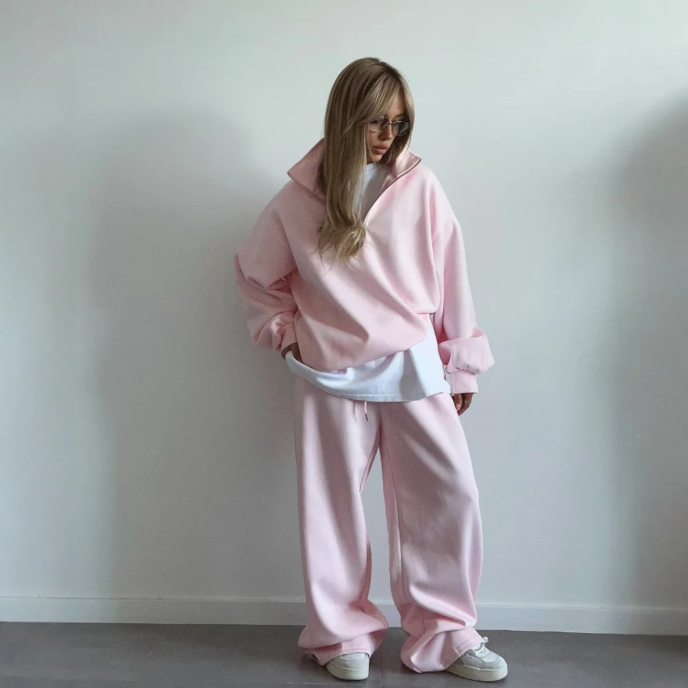 2025 New Fashion Zipper Sweatshirt + Wide Leg Pants Two-piece Sets Women Autumn Casual Loose Top And Trousers Suit For Women