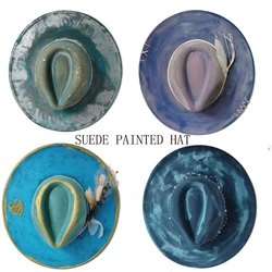 2024 Hand-painted Suede Fedora Hat Men's and Women's Hat Panama Spring Autumn Fashion Wide Brim Hat Party Hat