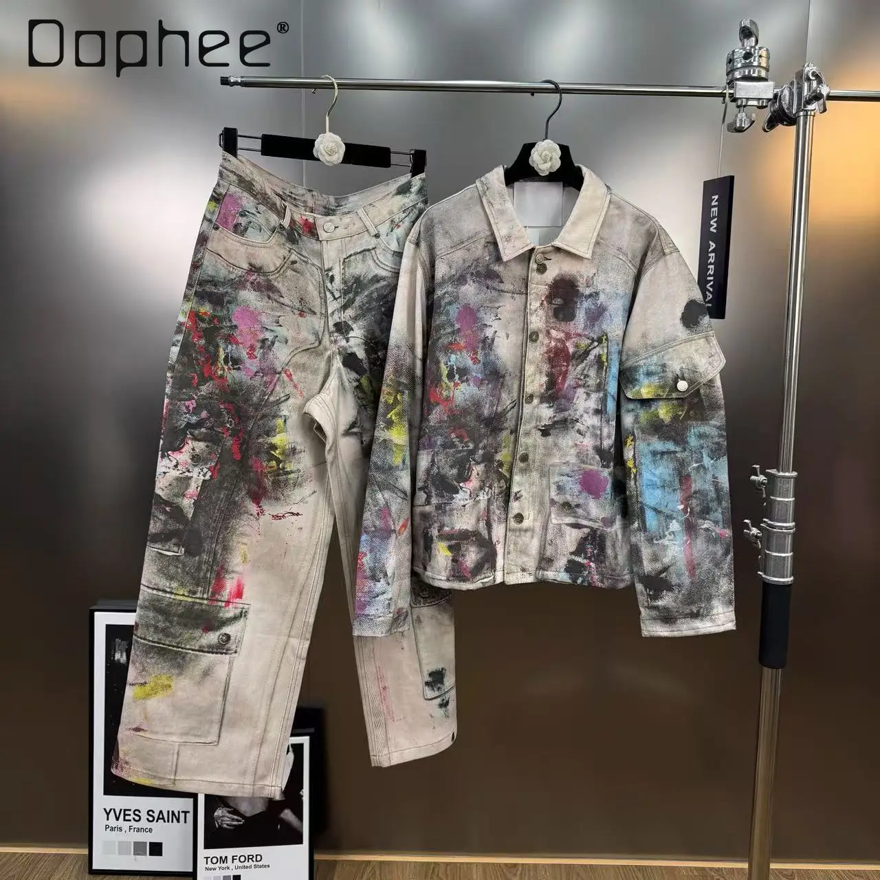 

Осень 2200, свободная куртка в стиле ретро с принтом граффити, брюки-карго, комплект из двух предметов, женский американский уличный модный джинсовый костюм