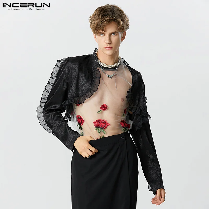 2023 Fashion Men Blazer Mesh Ruffle Patchwork Long Sleeve Open Stitch Casual Suits Streetwear Personality Crop Coats Men INCERUN