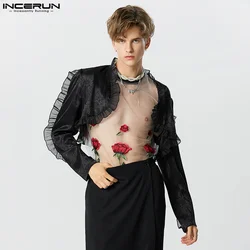 2023 Fashion Men Blazer Mesh Ruffle Patchwork Long Sleeve Open Stitch Casual Suits Streetwear Personality Crop Coats Men INCERUN