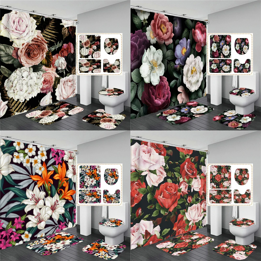 

Beautiful Big Flowers Shower Curtains with Hooks Flower Bathroom Curtain Set Bath Mats Non-Slip Carpet Toilet Cover Pedestal Rug