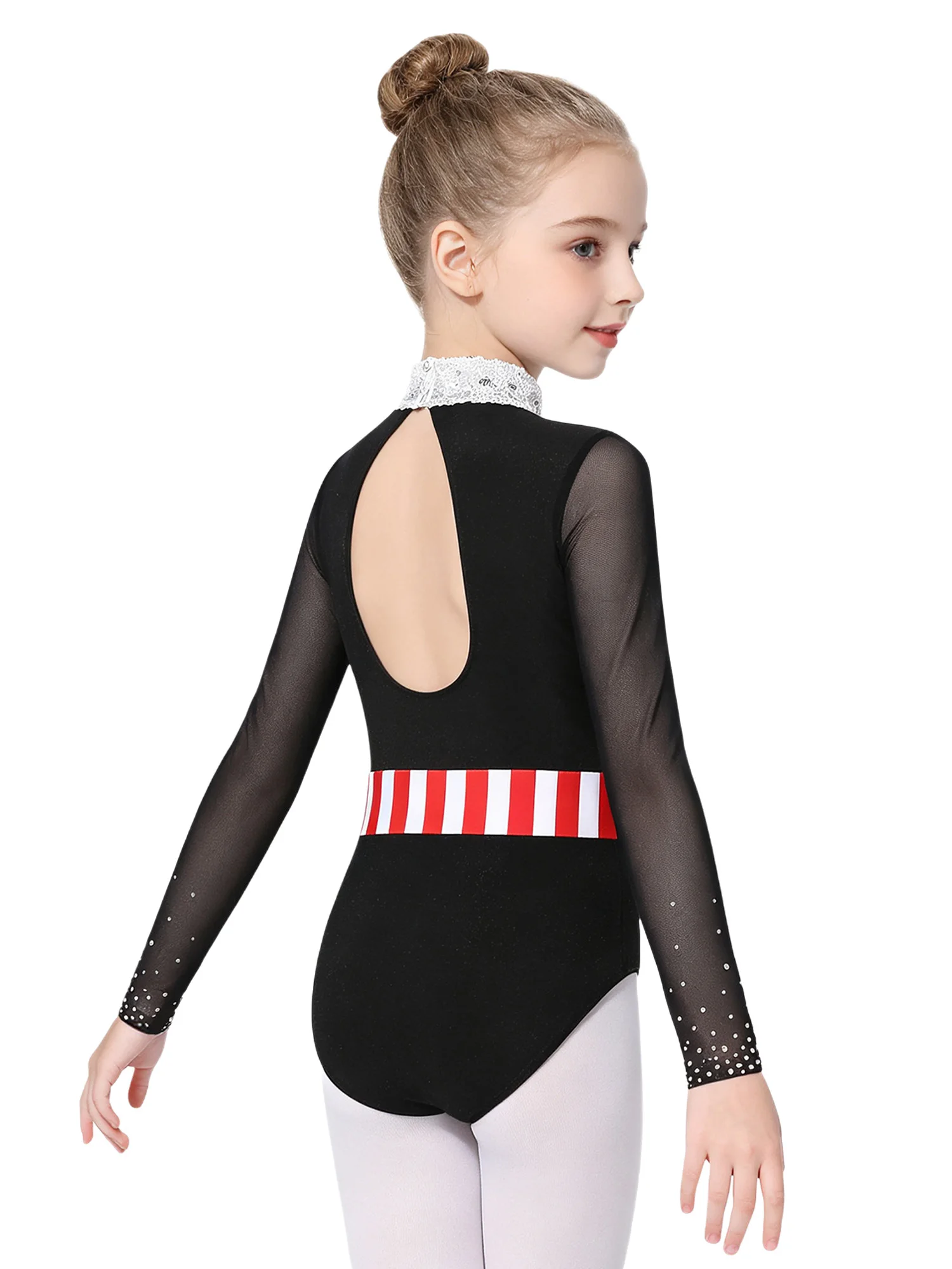 Kids Girls Mock Neck Bowknot and Sequin Bodysuit Mesh Triangle Jumpsuit for Stage Performance Cosplay Themed Party Halloween view 5