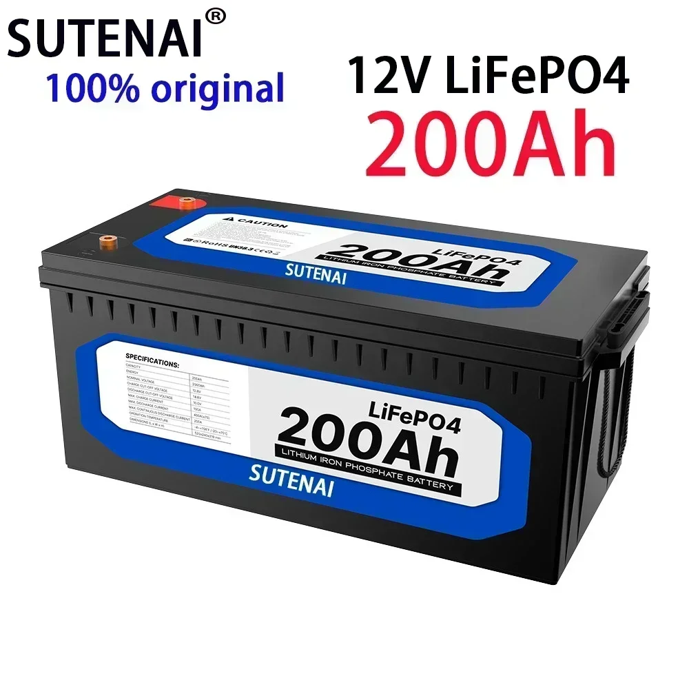 Batería LiFePO4 de 12V y 200Ah, célula de fosfato de hierro y litio BMS integrada para campistas RV, carrito de Golf, todoterreno, Solar con cargador