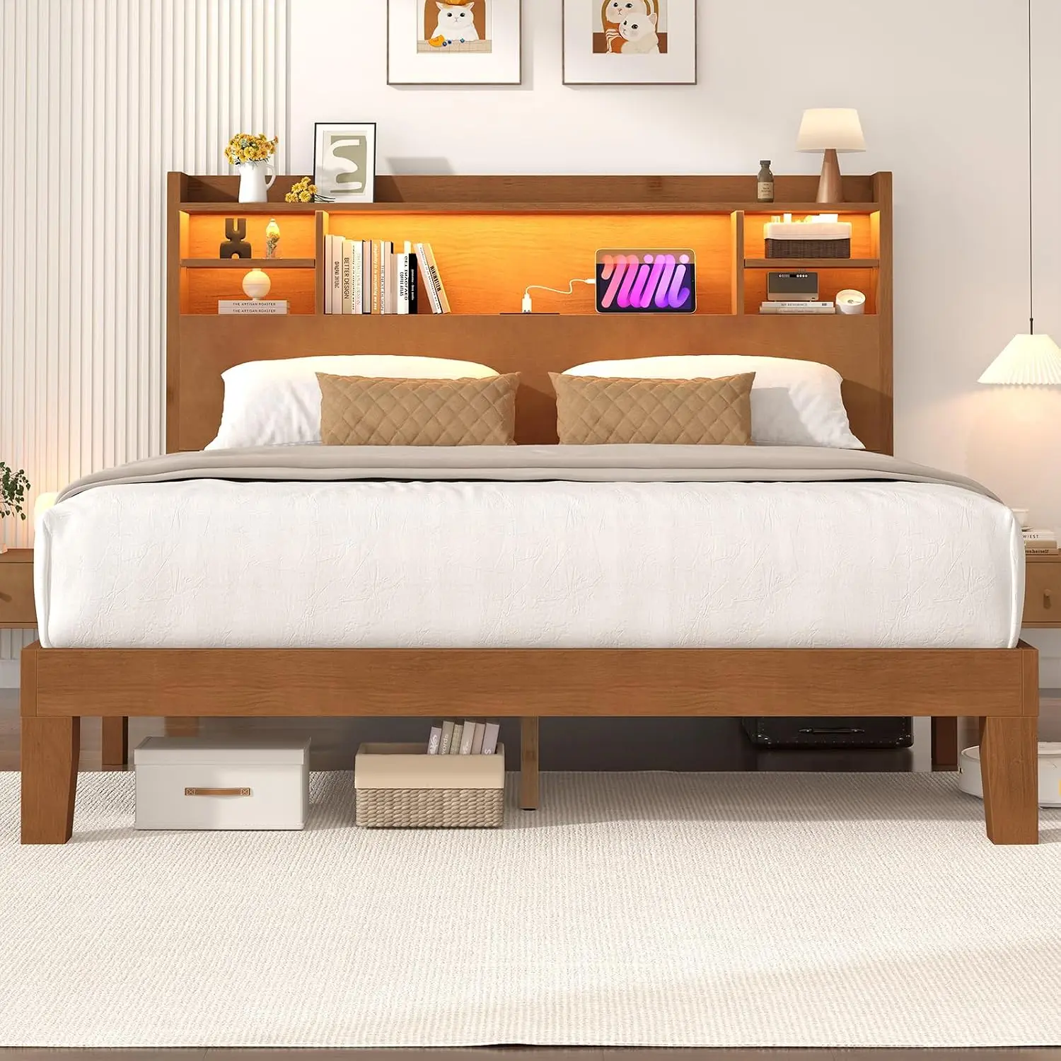 Queen Size Solid Wood Platform Bed Frame with LED Headboard, Remote & App Control, Dimmable & Color-Changing, Customized