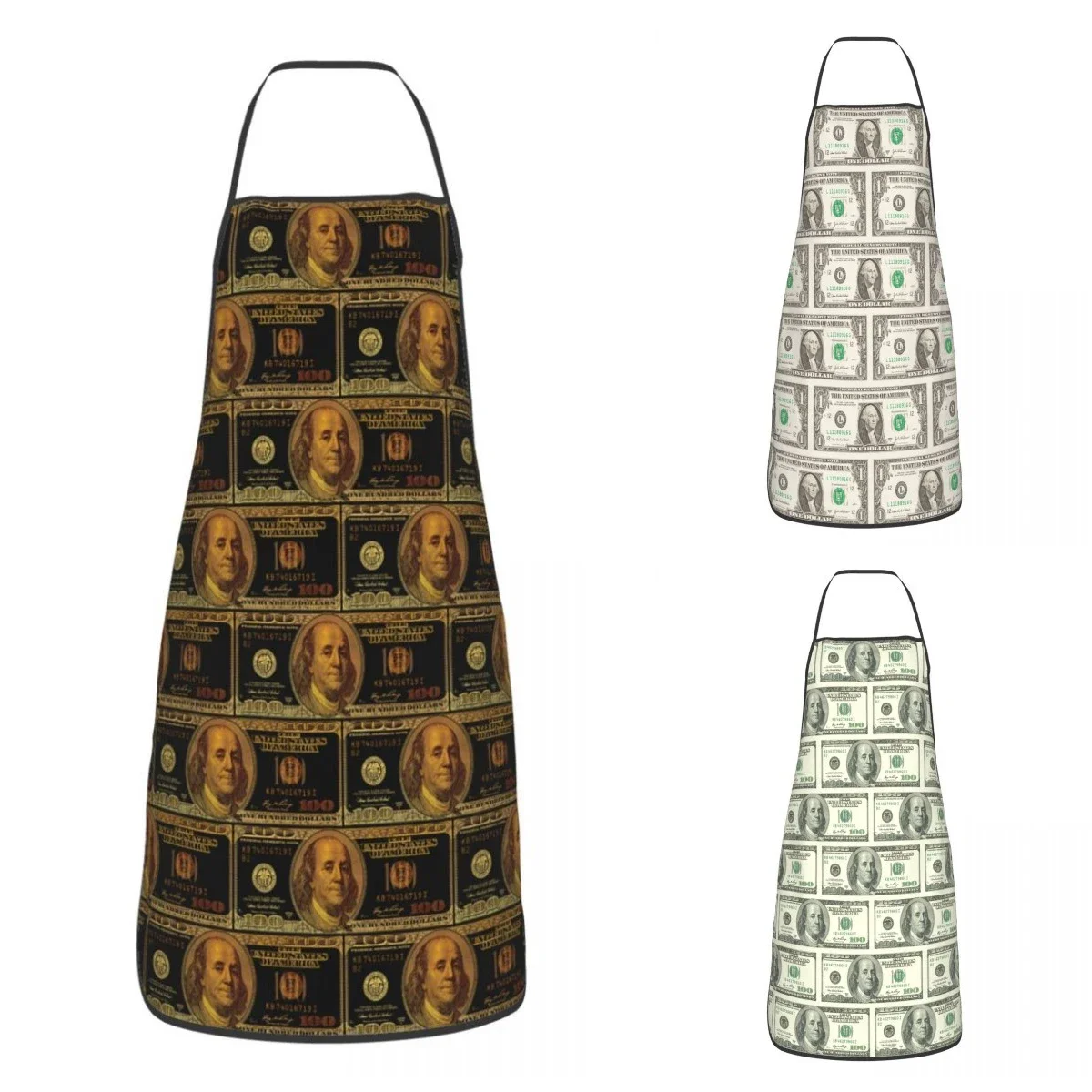 Gold 100 US Dollar Bill Bib Aprons Women Men Unisex Kitchen Chef Banknotes Pattern Tablier Cuisine for Cooking Baking Painting