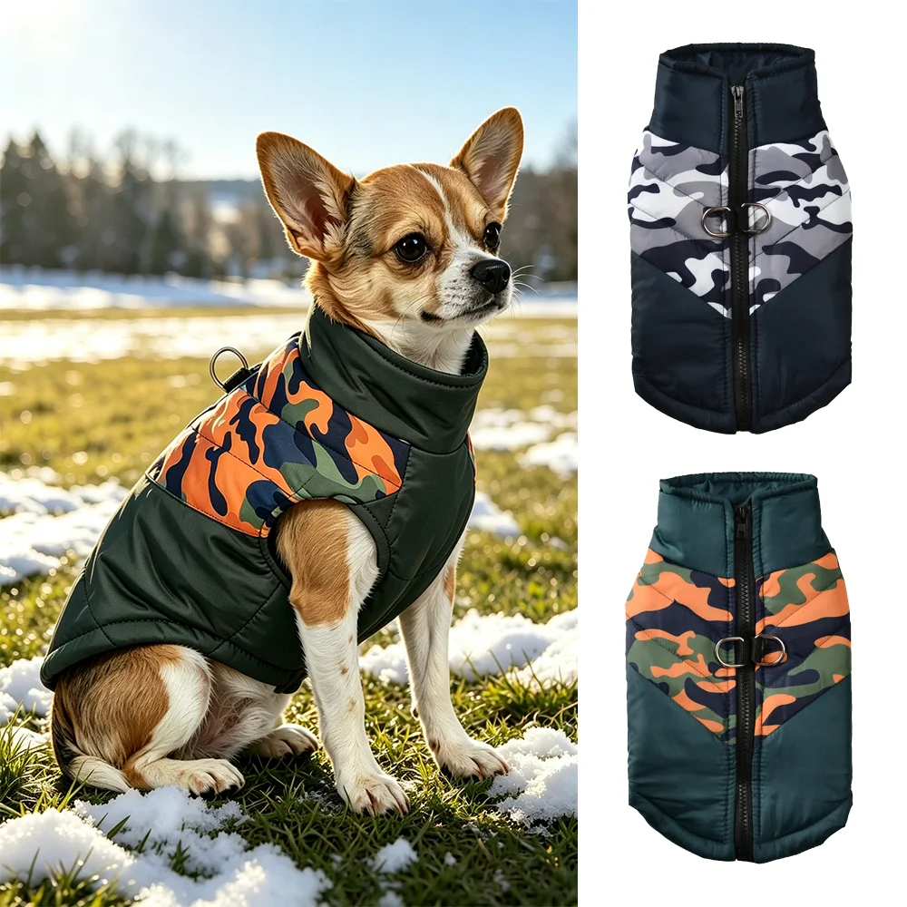Winterwarme Hundekleidung für kleine und mittelgroße Hunde und Katzen, Haustiermantel mit Tarnmuster und D-Ring, wasserdichte Jacken für Yorkshire-Terrier und Mops