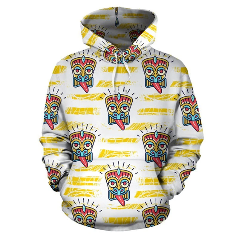 Polynesian Tiki Statue Men's Hoodie Funny Wood Carving Long Sleeve Sweatshirt Hawaii Coconut Tree Casual Fashion Hoodies Coat