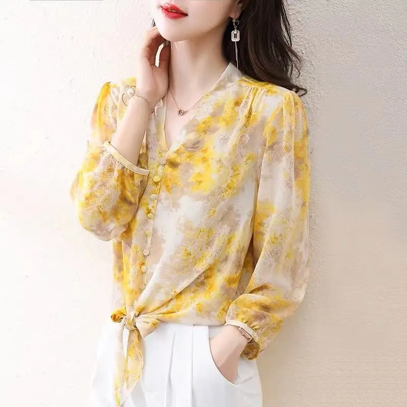 2023 New Spring Fashion Printing Chiffon V-neck Long Sleeve Blouse Ladies Elegant Lacing Loose T-Shirt Women Clothes Korean Tops