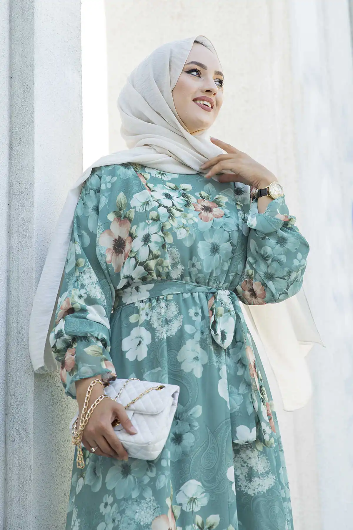 Floral Chiffon Dresses Winter Autumn 2021 Muslim Women Hijab headscarf islamic Turkey