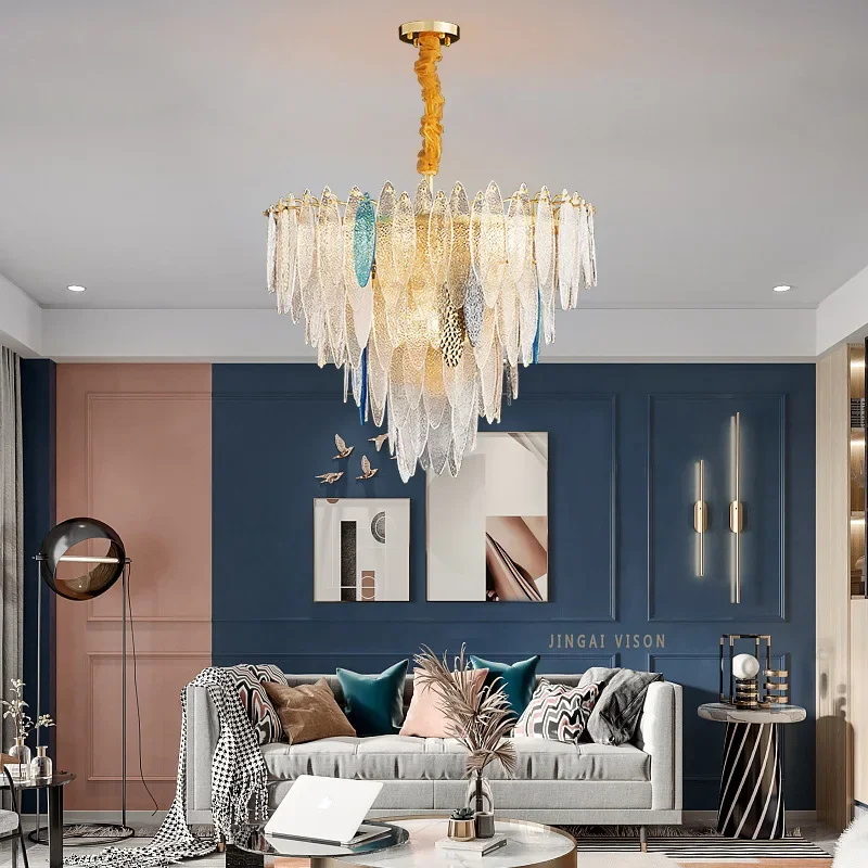 Artistic Ceiling Chandelier Blue Wave Glass LED New Hanging Lights for Ceiling Lustre Luxury Home Decor Lamps for Living Room