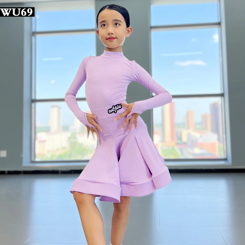 الفتيات اللاتينية الرقص المنافسة الملابس لامعة النسيج طويلة الأكمام فستان رقص الاطفال تشا رومبا الرقص ممارسة ملابس التدريب البدلة