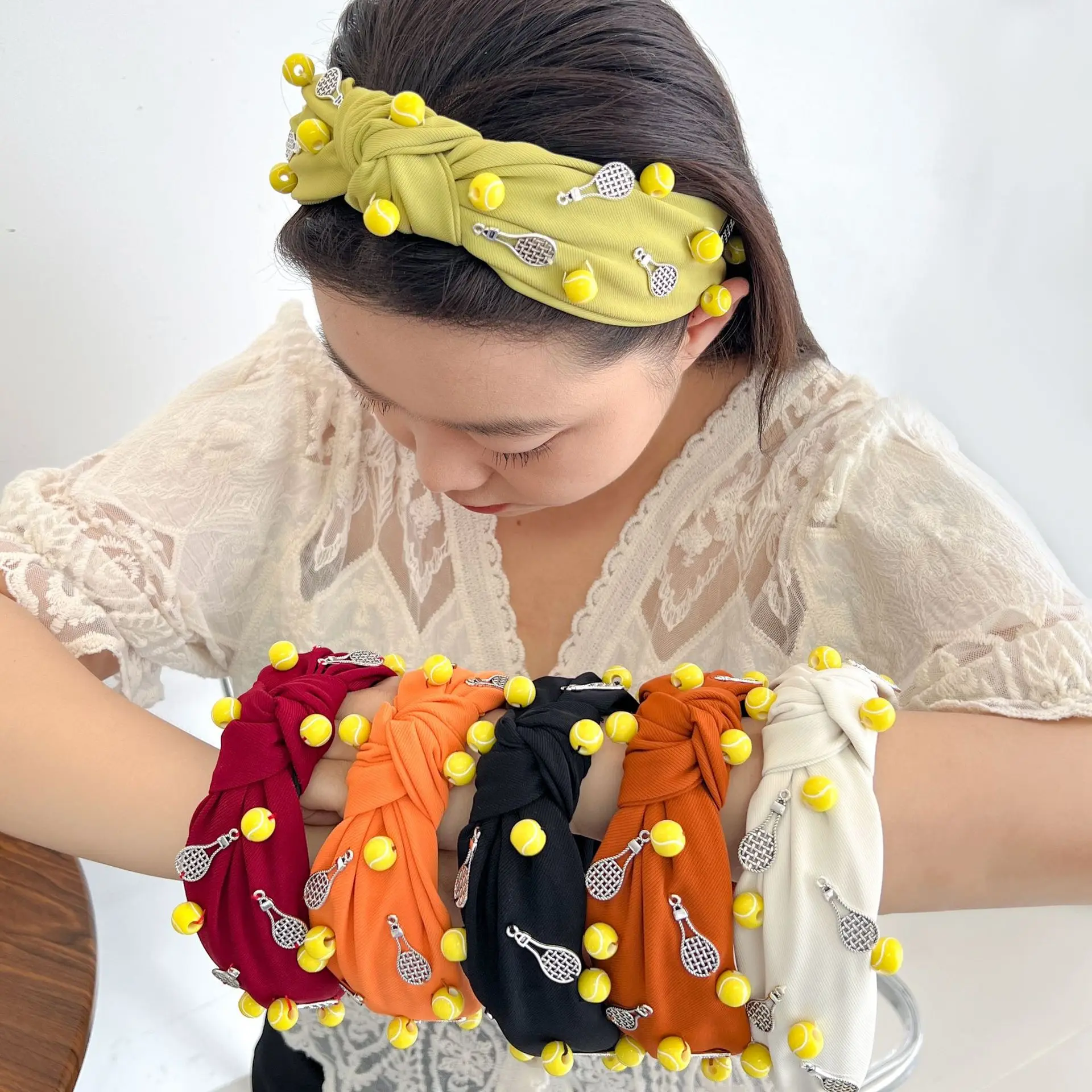 

European and American Sports Style Fabric Knotted Tennis Headband for Women Wide Headwear