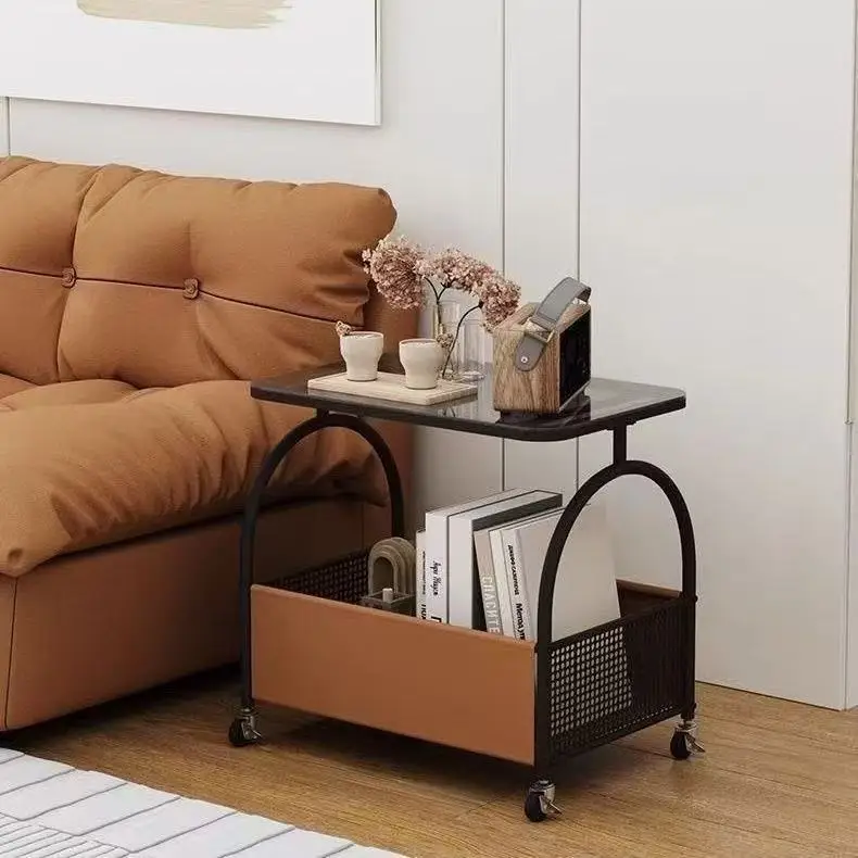 *Living Room Cream-colored Modern Side Table Sofa Side Cabinet Snack Storage Movable Coffee Tea Cart