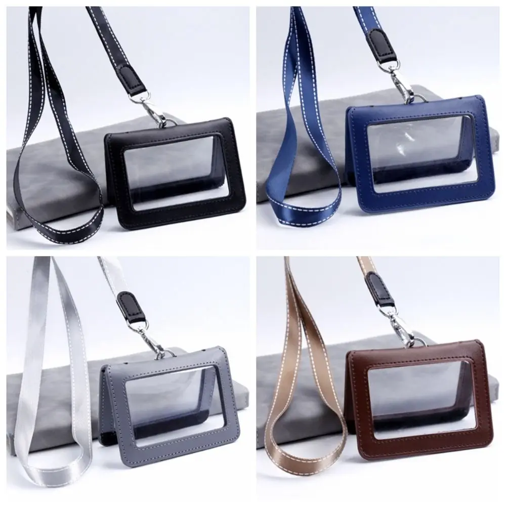 

Double-Sided Leather Card Cover Badge Clip With Neck Strap ID Card Holder Card Case Folding Leather Badge Holder
