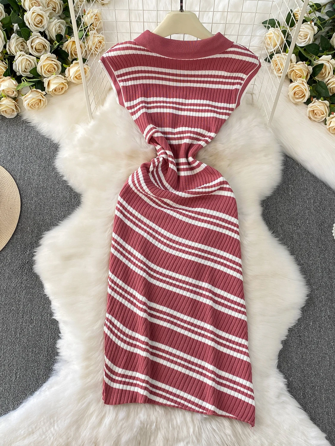 한국 스타일 폴로 칼라 니트 드레스 여성 여름 하이 웨이스트 플리츠 슬리밍 스트라이프 비대칭 슬릿 롱 드레스