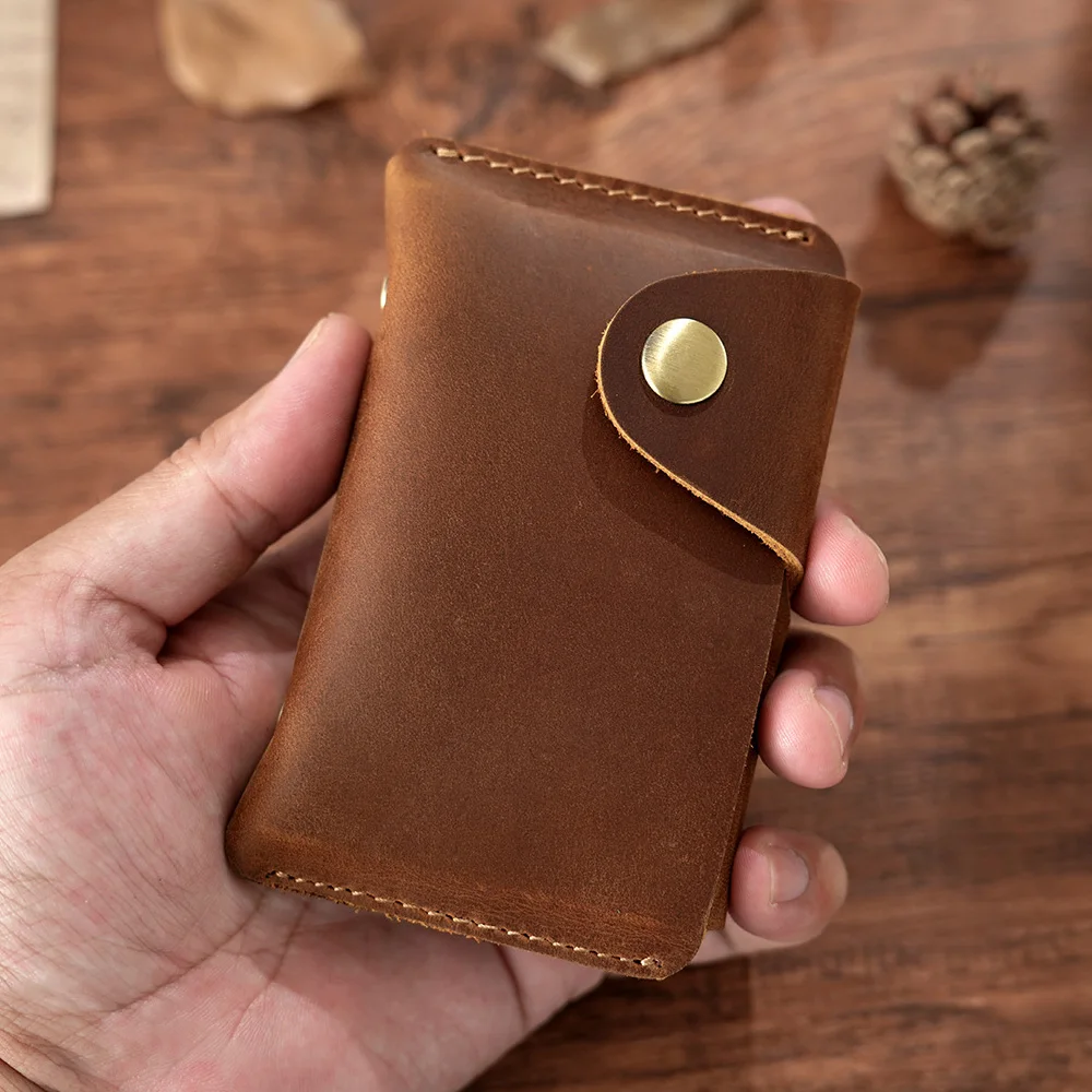 Handmade Crazy Horse หนังสําหรับชาย,Slim 2 กระเป๋าบัตรเครดิต,กระเป๋าสตางค์หนัง Minimalist