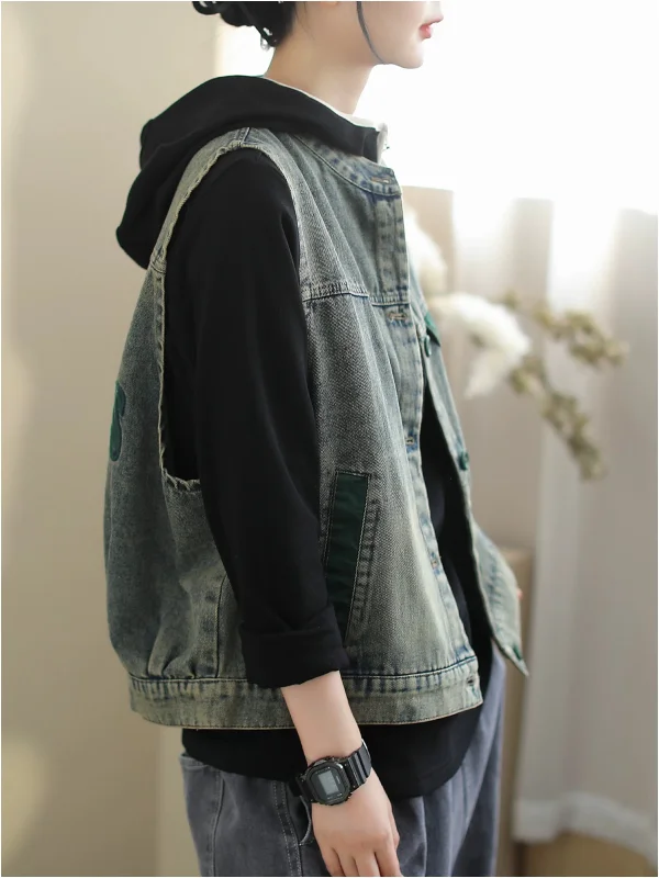 

Women's Casual Versatile Denim Vest Autumn 2025 Slimming Top round Ne Single Button Closure Regular Thin