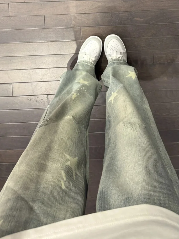 

Stars Printed High Street Yellow Mud Color Men's Hiphop Straight Leg Long Jeans Casual Trendy Teenager Jeans Spring Autumn