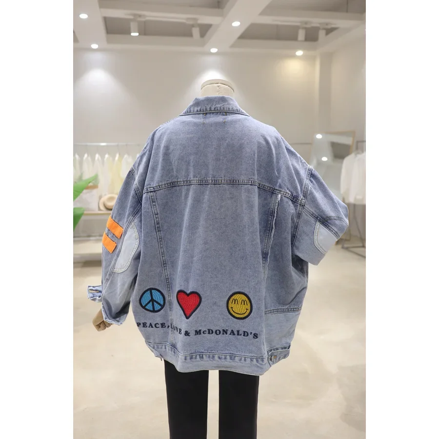 New Top Denim Jacket Fashion Sweet Cartoon Diamond Embroidery 2023 Autumn Clothing Loose Washed-out Jeans Coat Outwear