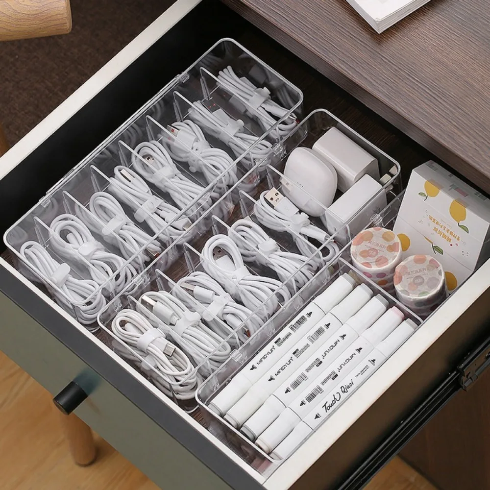 Organisateur de câbles multifonctionnel, boîte de rangement transparente avec attaches pour chargeurs, écouteurs, organiseur de tiroir de bureau pour gagner de la place