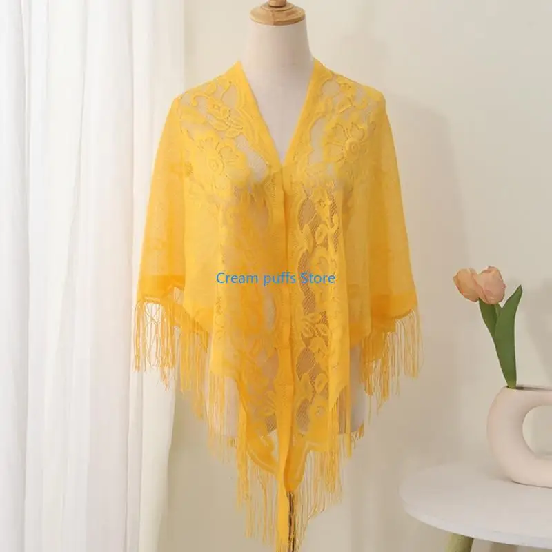 50LE Elegant Lace Fringed Shawl Breathable Hollowout Designs Shoulder Wrap Perfect for Spring and Outdoor Activity Fashion