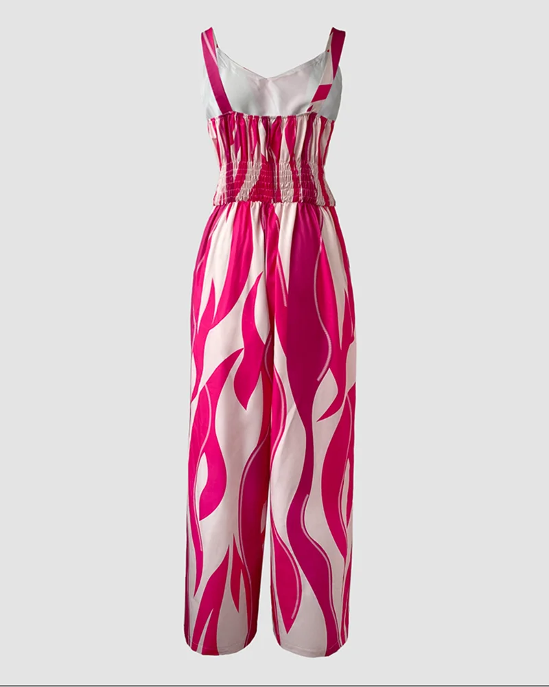 Women Geometric Print Casual Thick Strap Shirred Wide Leg Jumpsuits Femme V-Neck Sleeveless Overalls With Pockets Party Outfits