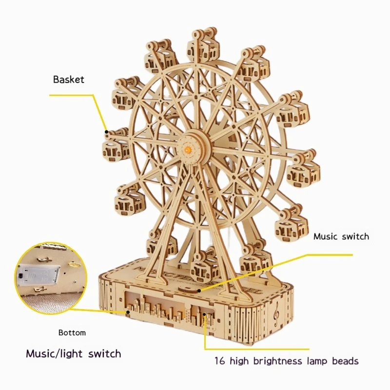 Ferris ล้อแสงเพลงกล่อง DIY บล็อกอาคารไม้ 3d ปริศนา Mechanical รุ่นยากประกอบเพลงกล่องเด็กของขวัญ