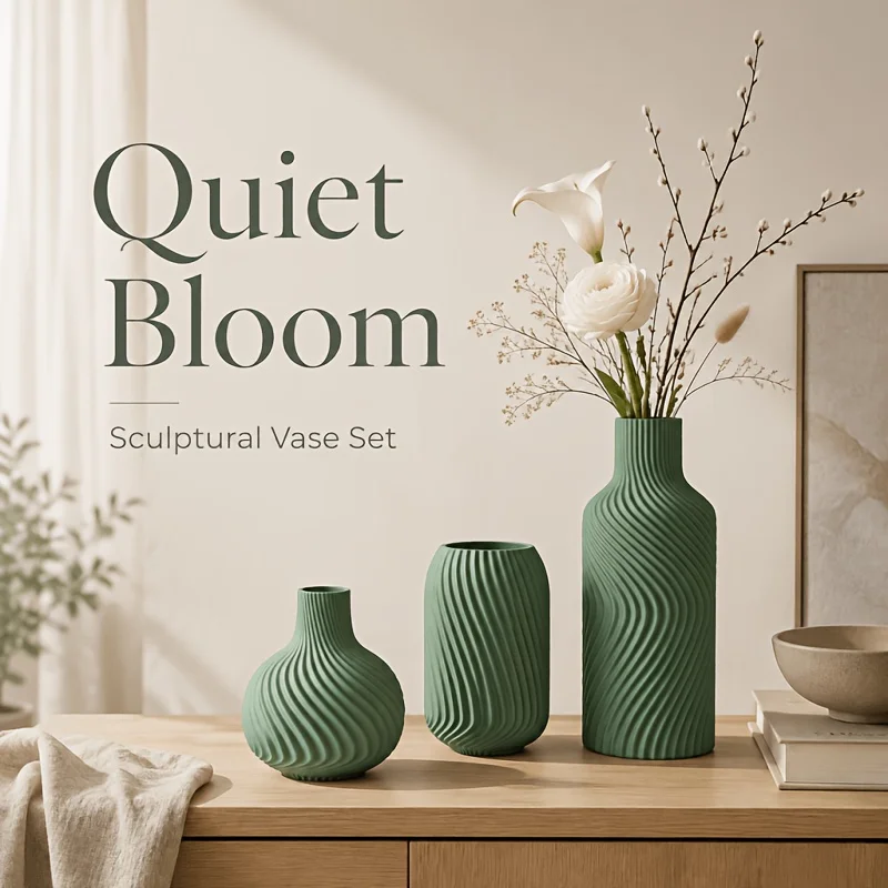 3Pcs Sage Green Vase Set, Spiral Ribbed Assorted Shapes Bulbous Oval Cylinder Tall Narrow Neck, 3D Printed PLA Material, Matte N
