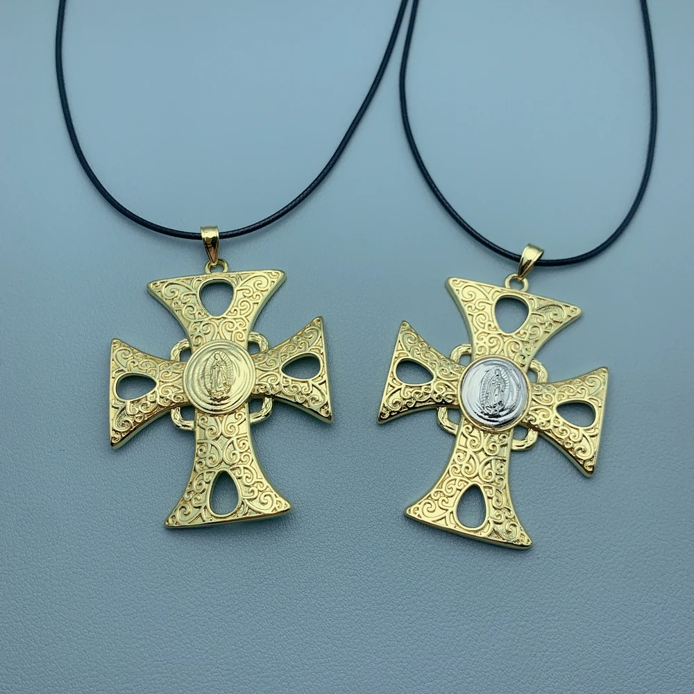 

18K Gold Plated Large Cross Virgin Mary Charm Necklaces For Women Men Vintage Guadalupe Pendant Religious Jewelry Gift