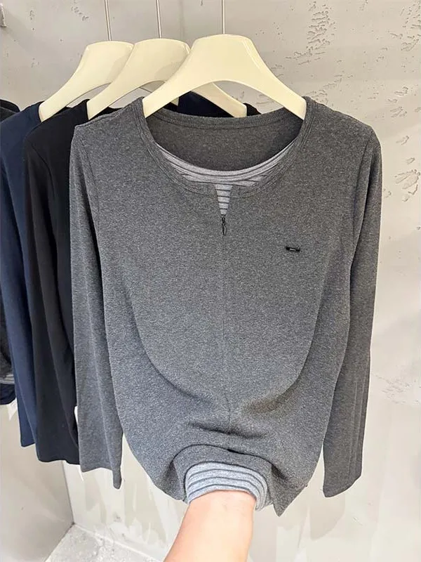 Fashion Slim Fit Long Sleeve T-Shirt Women's Early Spring Style Design Sense Fake Two-Piece Top High Waist Zipper Closure