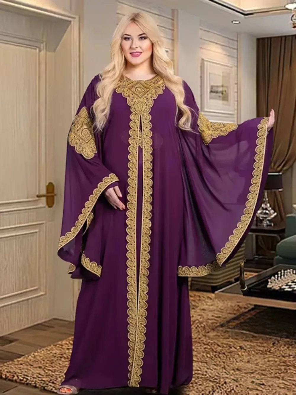 Party Dresses for Women Abaya Muslim Caftan 2 Piece Set Eid Flare Sleeves Robe Embroidered Gold Lace Dress Suit Jalabiya Ramadan