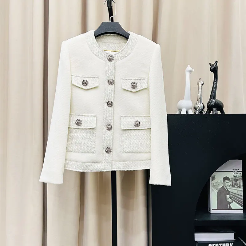 

2025 fashionable and elegant round neck single-breasted light luxury socialite high-end temperament design tweed woven jacket