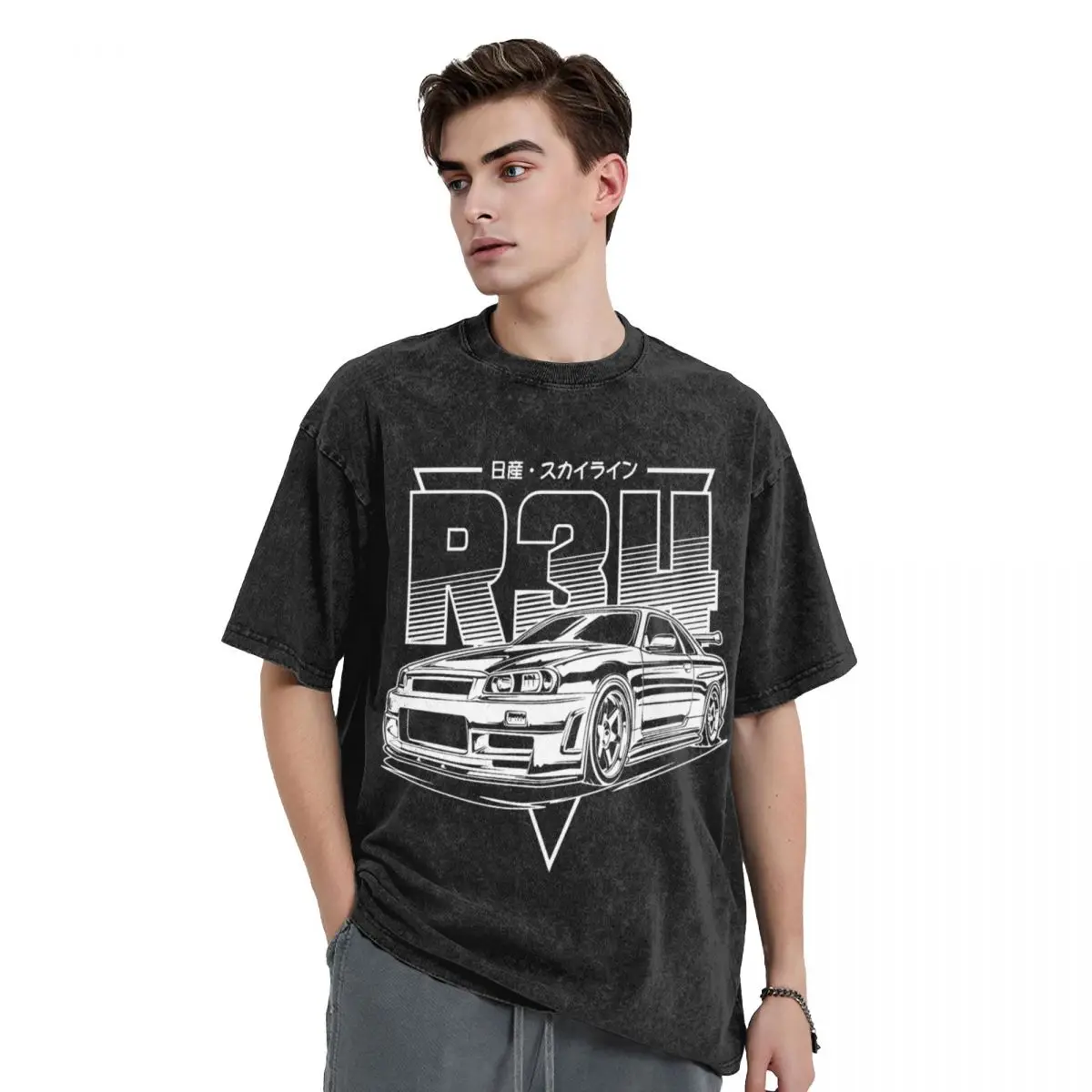 Initial D Skyline Gtr R34 T Shirt Hip Hop Washed Short Sleeve Harajuku T-Shirts Novelty Men Women Tops Streetwear Summer Tees