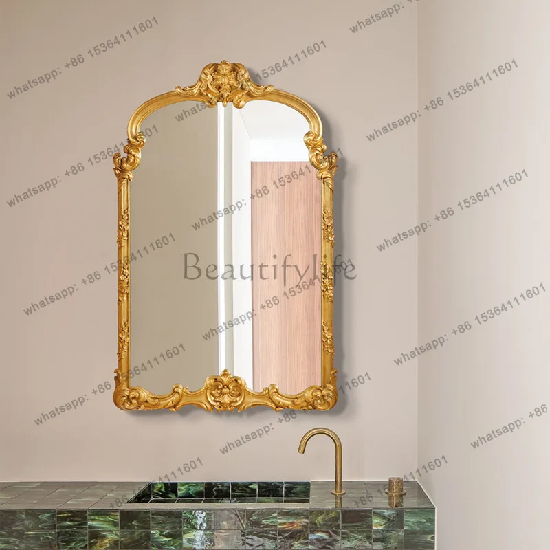 European classical carved makeup mirror bedroom wall hanging light luxury entrance decorative mirror retro home