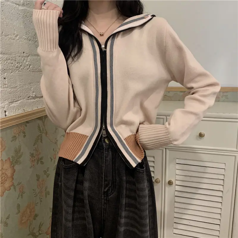 

Women's Knitted Cardigan Zipper 2023 Spring and Autumn Korean Short Women's Clothing Hooded Long Sleeved Fashion Sweater Tops